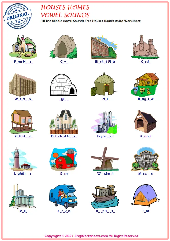 Fill The Middle Vowel Sounds Free Houses Homes Word Worksheet