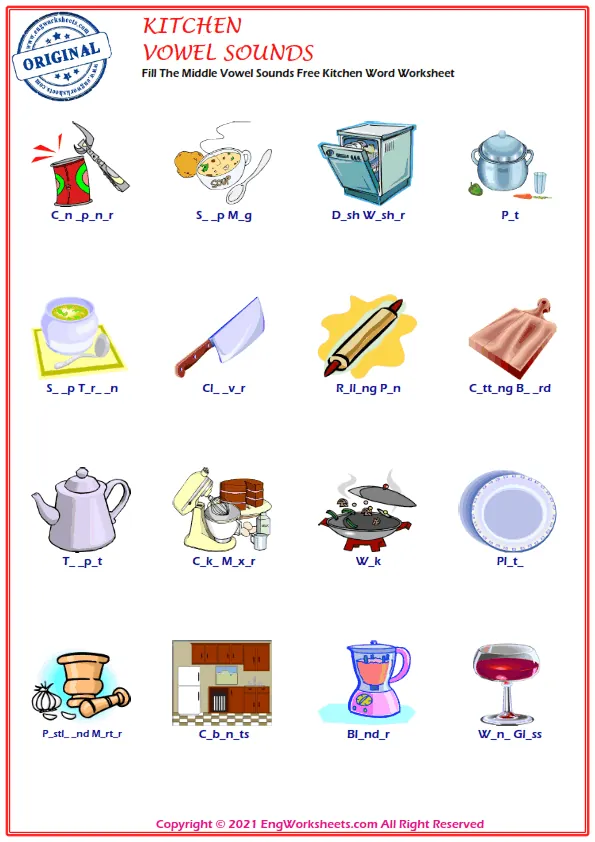 Fill The Middle Vowel Sounds Free Kitchen Word Worksheet