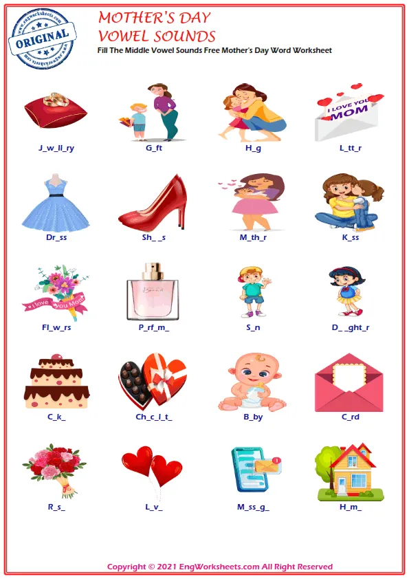 Fill The Middle Vowel Sounds Free Mother's Day Word Worksheet