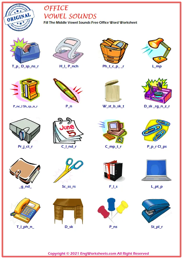 Fill The Middle Vowel Sounds Free Office Word Worksheet