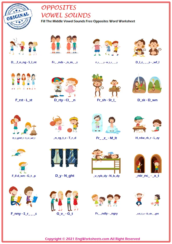 Fill The Middle Vowel Sounds Free Opposites Word Worksheet