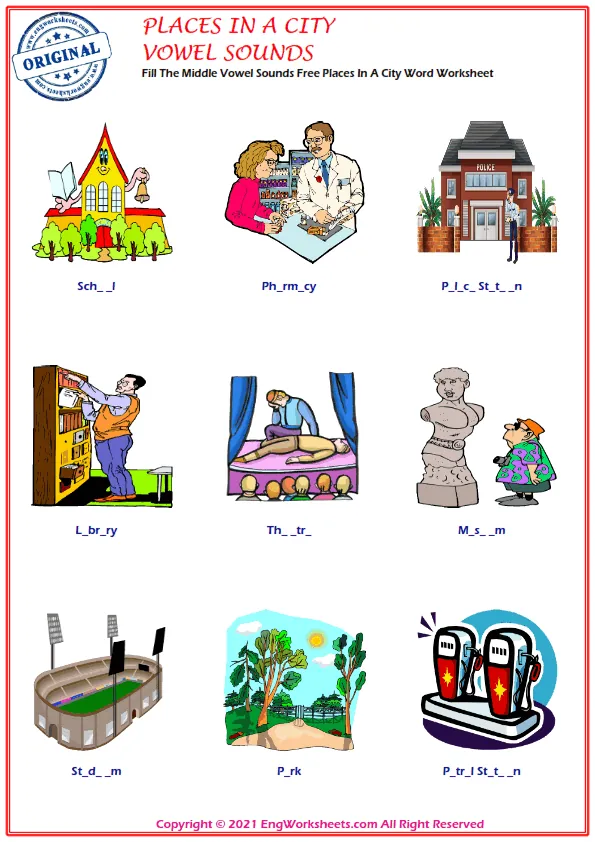 Fill The Middle Vowel Sounds Free Places In A City Word Worksheet