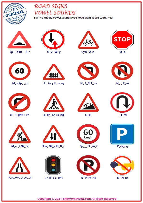 Fill The Middle Vowel Sounds Free Road Signs Word Worksheet