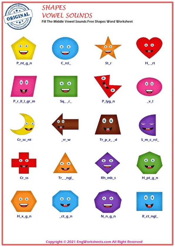 Fill The Middle Vowel Sounds Free Shapes Word Worksheet