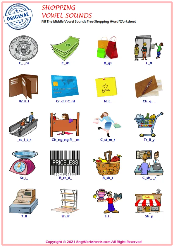Fill The Middle Vowel Sounds Free Shopping Word Worksheet
