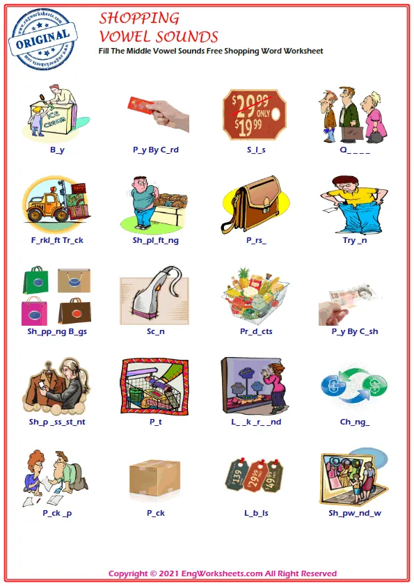 Fill The Middle Vowel Sounds Free Shopping Word Worksheet
