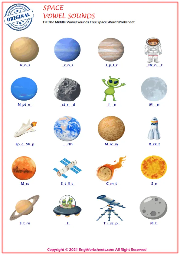 Fill The Middle Vowel Sounds Free Space Word Worksheet
