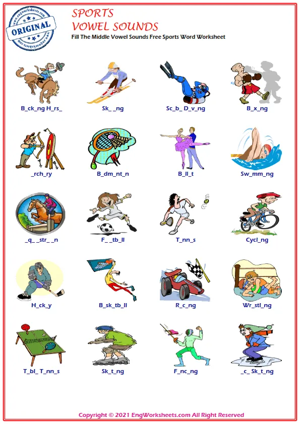 Fill The Middle Vowel Sounds Free Sports Word Worksheet