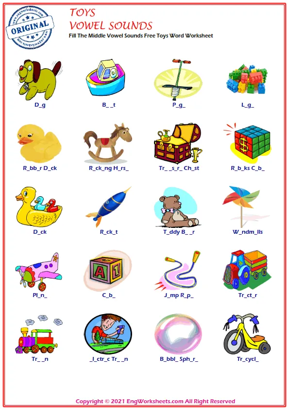 Fill The Middle Vowel Sounds Free Toys Word Worksheet