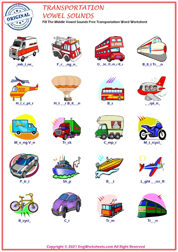 Fill The Middle Vowel Sounds Free Transportation Word Worksheet