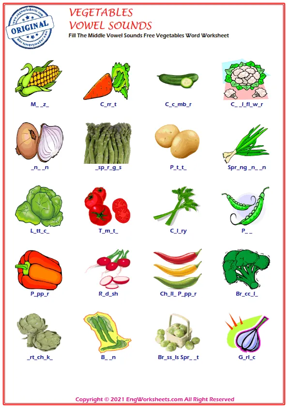 Fill The Middle Vowel Sounds Free Vegetables Word Worksheet
