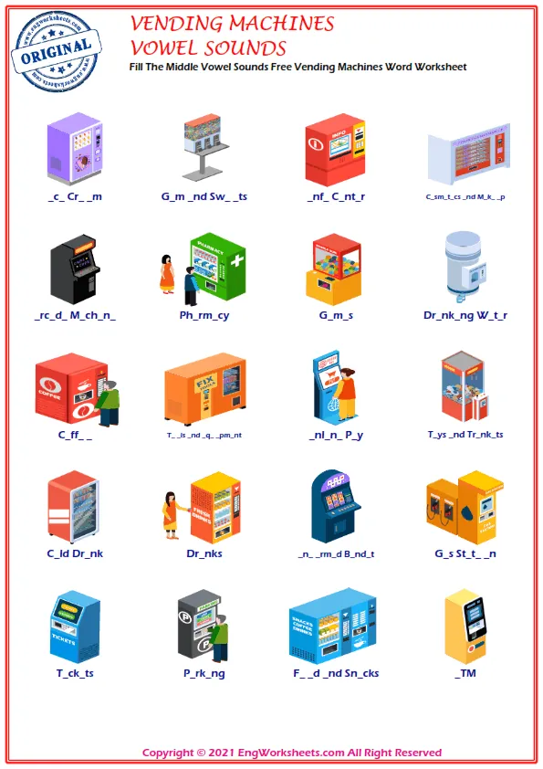 Fill The Middle Vowel Sounds Free Vending Machines Word Worksheet