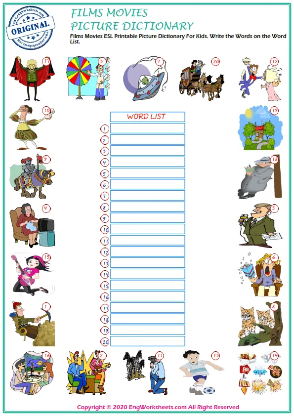 Films Movies ESL Printable Picture Dictionary For Kids. Write the Words on the Word List.