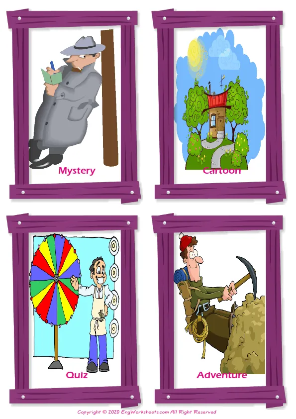 Films Movies vocabulary worksheet with words, four images per page