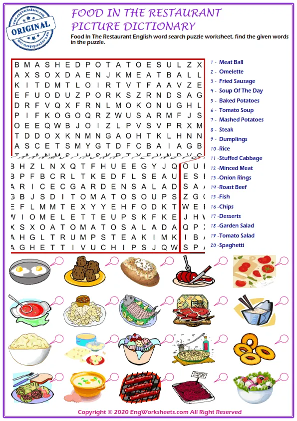 Food In The Restaurant English word search puzzle worksheet, find the given words in the puzzle.