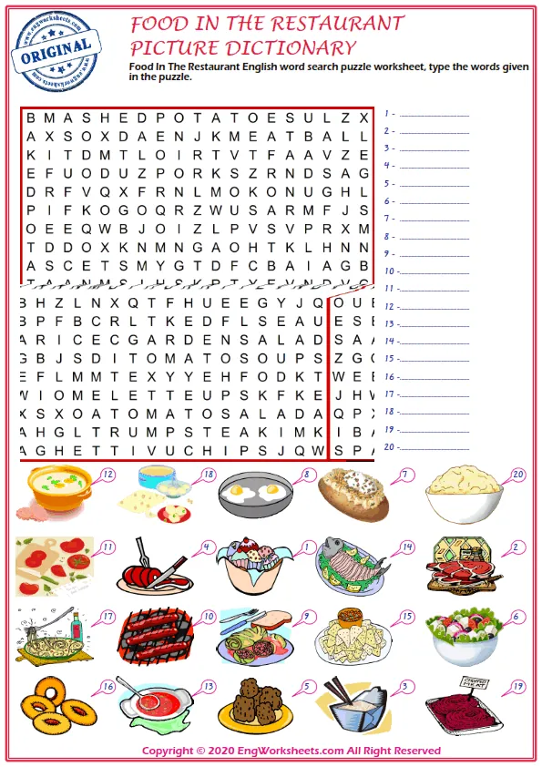 Food In The Restaurant English word search puzzle worksheet, type the words given in the puzzle.