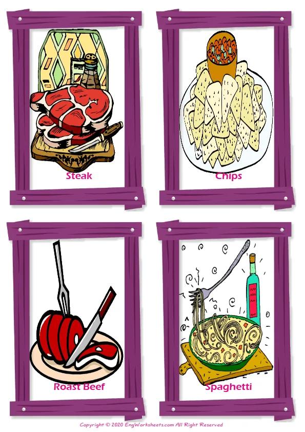 Food In The Restaurant vocabulary worksheet with words, four images per page