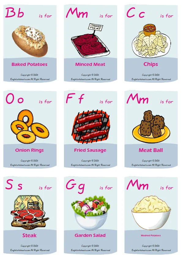 Food In The Restaurant vocabulary worksheet with words, nine images per page