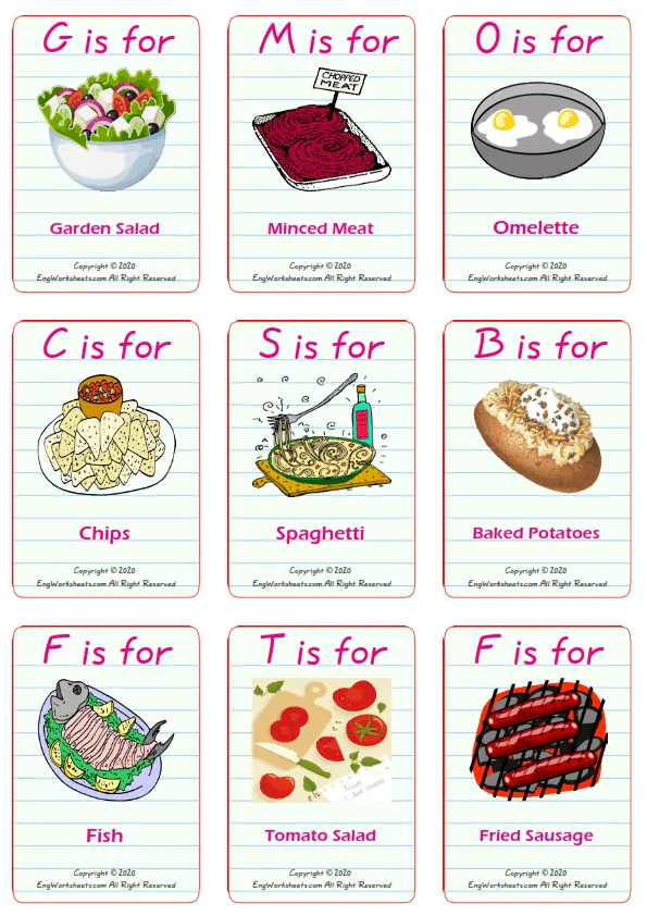 Food In The Restaurant vocabulary worksheet with words, nine images per page