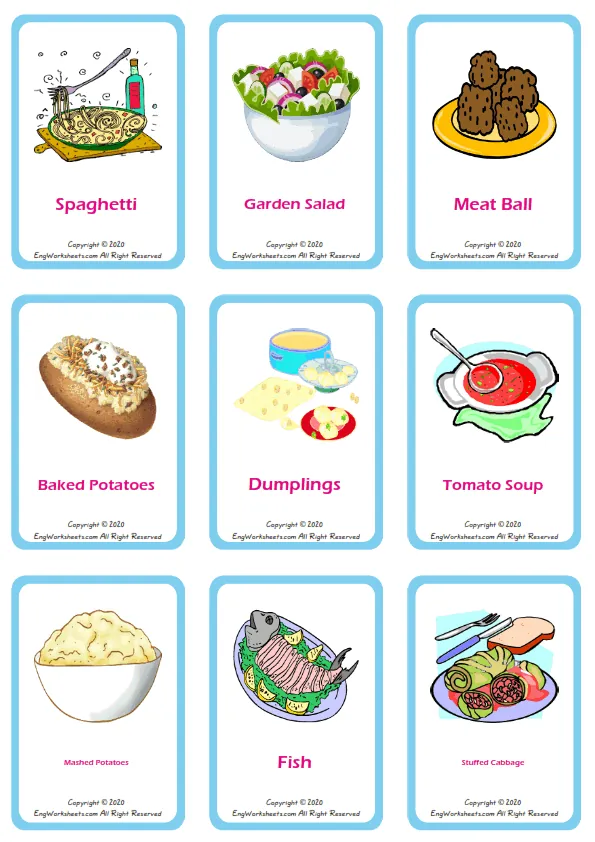 Food In The Restaurant vocabulary worksheet with words, nine images per page