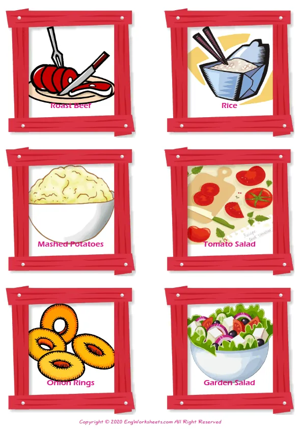 Food In The Restaurant vocabulary worksheet with words, six images per page