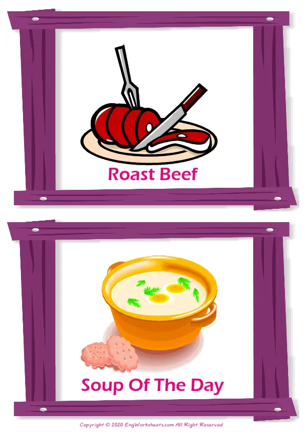 Food In The Restaurant vocabulary worksheet with words, two images per page