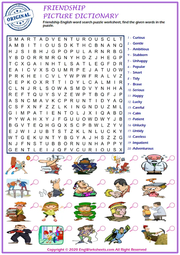 Friendship English word search puzzle worksheet, find the given words in the puzzle.
