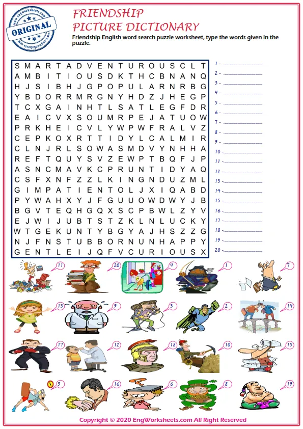 Friendship English word search puzzle worksheet, type the words given in the puzzle.