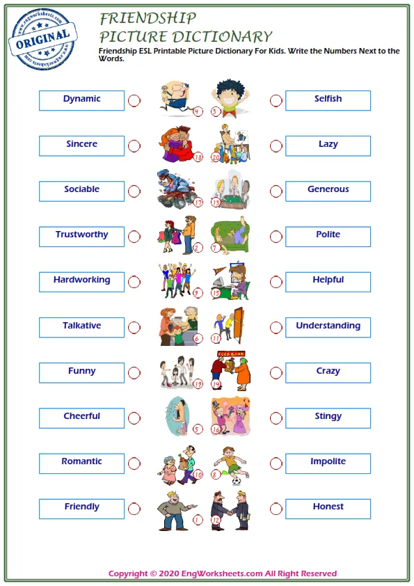 Friendship ESL Printable Picture Dictionary For Kids. Write the Numbers Next to the Words.