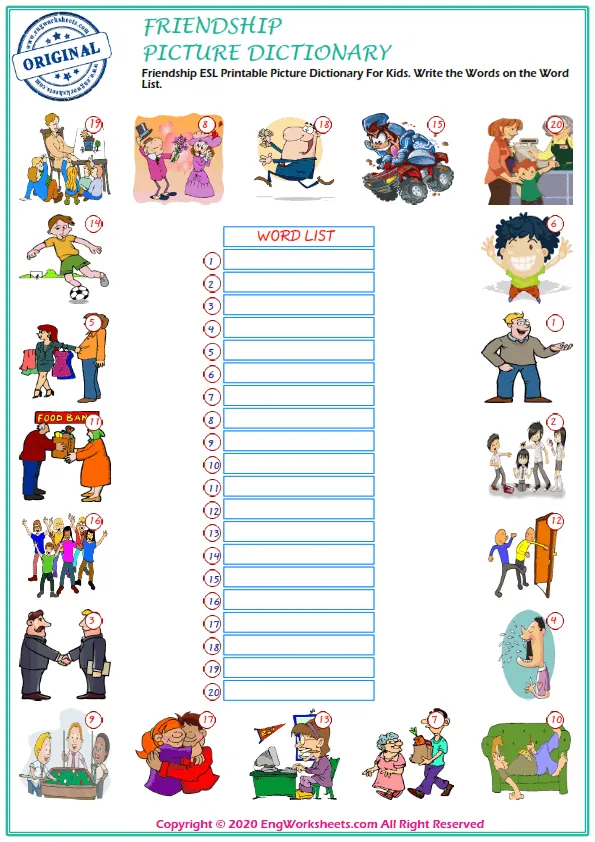 Friendship ESL Printable Picture Dictionary For Kids. Write the Words on the Word List.