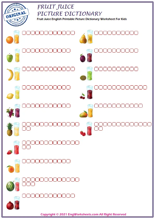 Fruit Juice English Printable Picture Dictionary Worksheet For Kids