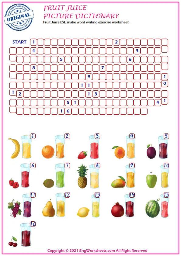 Fruit Juice ESL snake word writing exercise worksheet.
