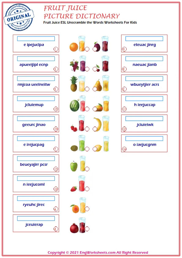 Fruit Juice ESL Unscramble the Words Worksheets For Kids