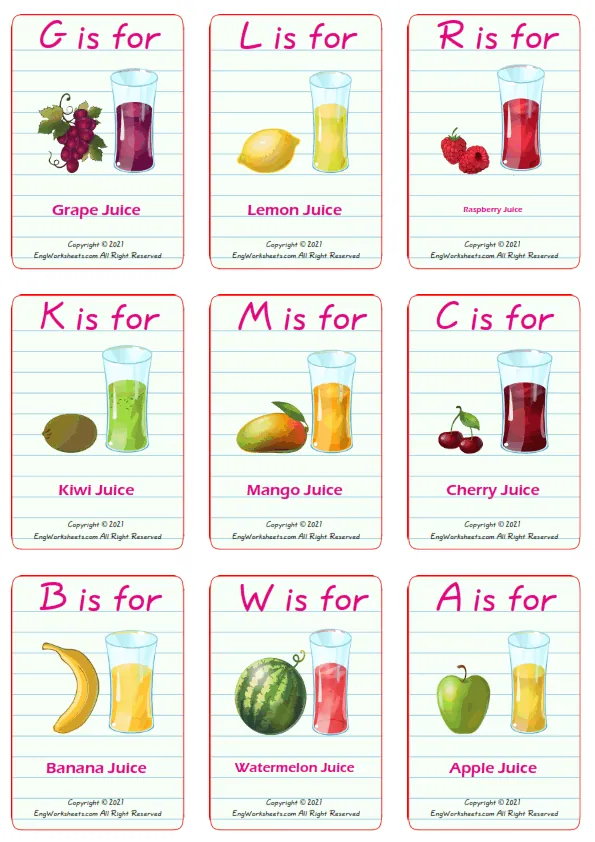 Fruit Juice vocabulary worksheet with words, nine images per page