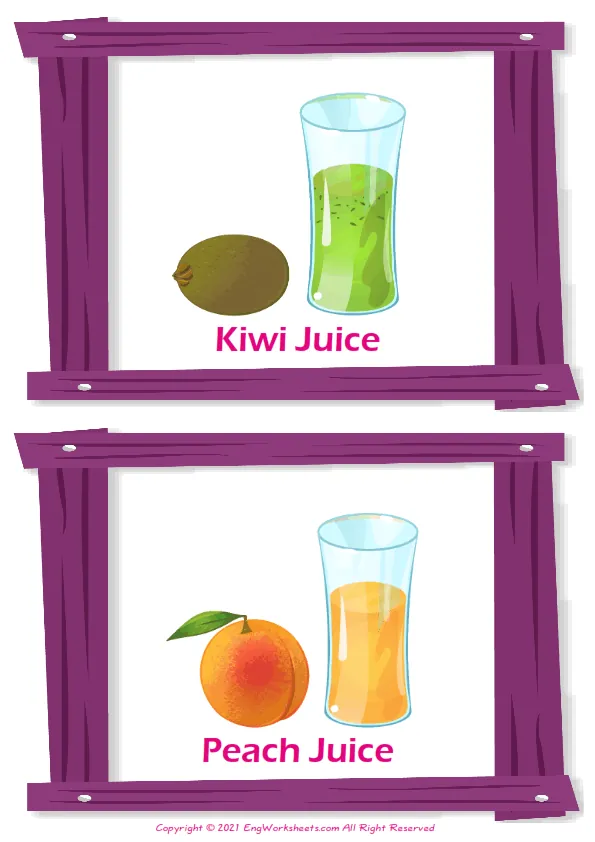 Fruit Juice vocabulary worksheet with words, two images per page