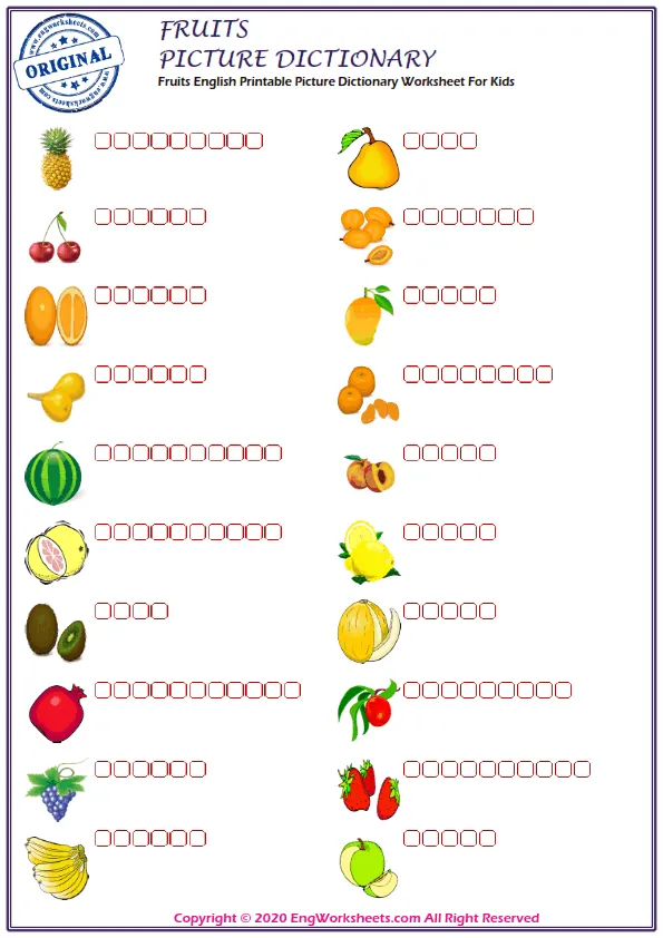 Fruits English Printable Picture Dictionary Worksheet For Kids