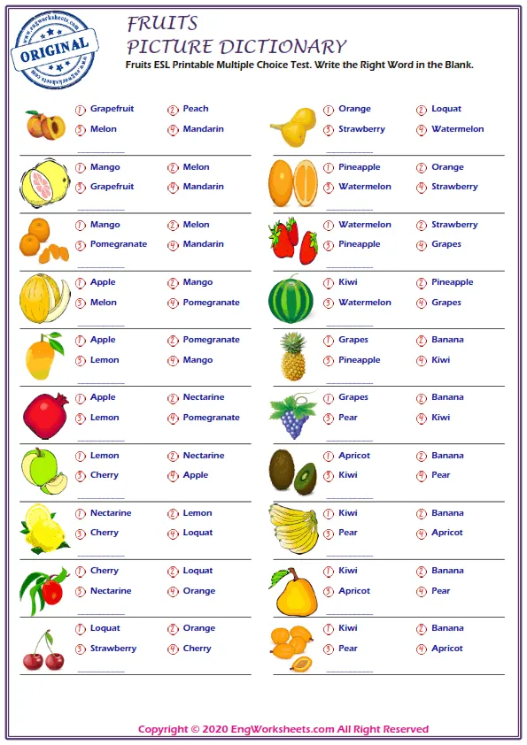Fruits ESL Printable Multiple Choice Test. Write the Right Word in the Blank.