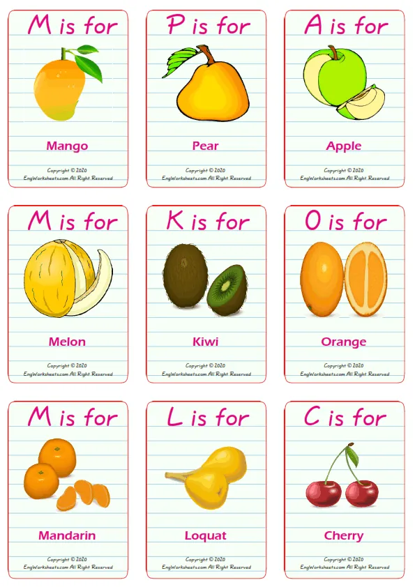 Fruits vocabulary worksheet with words, nine images per page