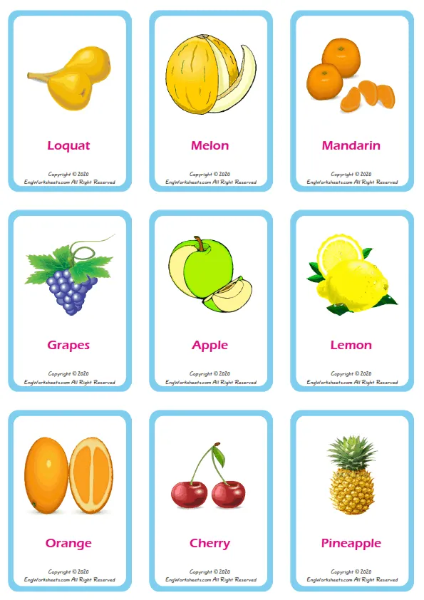 Fruits vocabulary worksheet with words, nine images per page