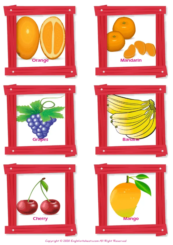 Fruits vocabulary worksheet with words, six images per page