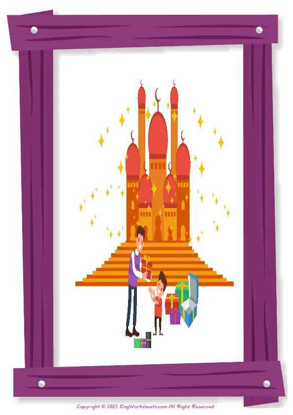 Full-page wordless Eid and Ramadan English vocabulary worksheet
