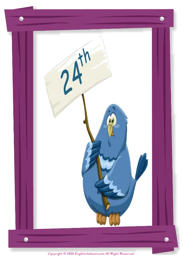 Full-page wordless Ordinal Numbers English vocabulary worksheet