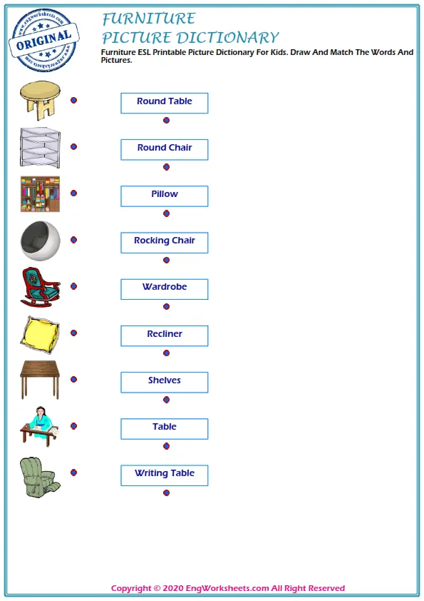 Furniture ESL Printable Picture Dictionary For Kids. Draw And Match The Words And Pictures.