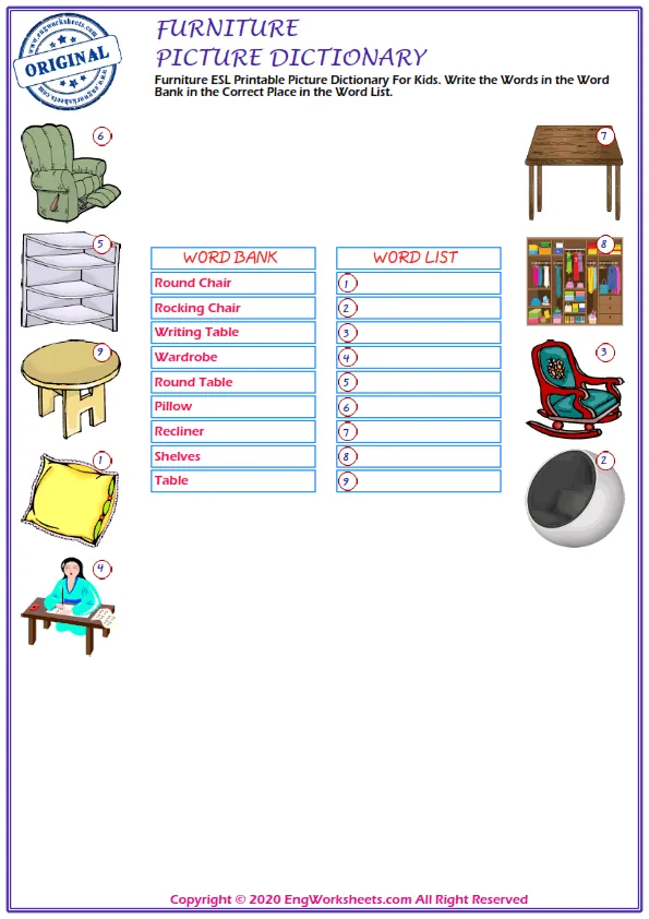 Furniture ESL Printable Picture Dictionary For Kids. Write the Words in the Word Bank in the Correct Place in the Word List.