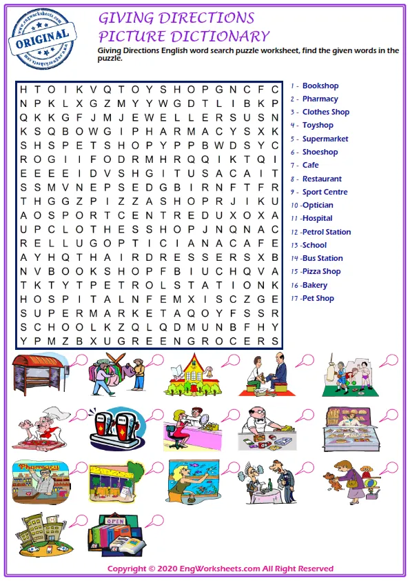 Giving Directions English word search puzzle worksheet, find the given words in the puzzle.