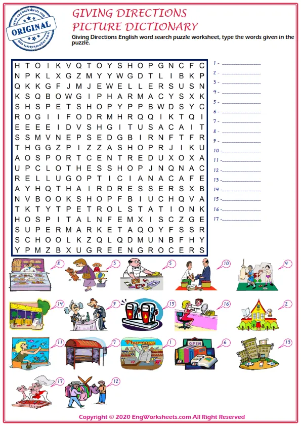 Giving Directions English word search puzzle worksheet, type the words given in the puzzle.
