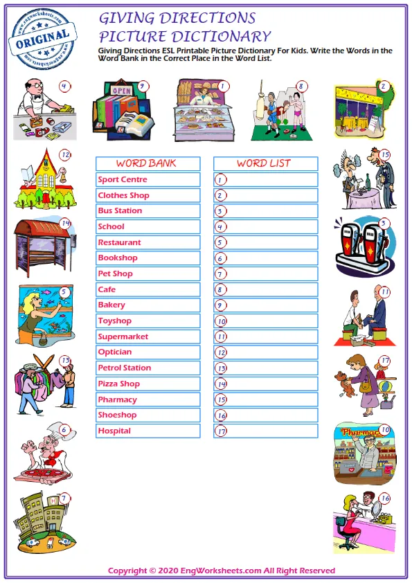 Giving Directions ESL Printable Picture Dictionary For Kids. Write the Words in the Word Bank in the Correct Place in the Word List.