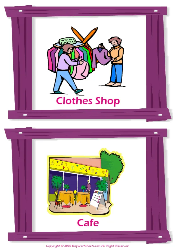 Giving Directions vocabulary worksheet with words, two images per page
