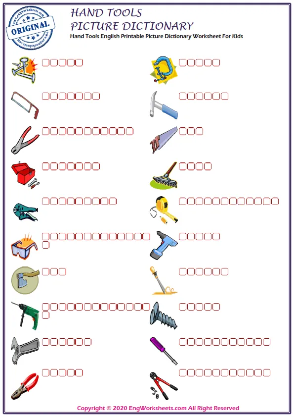 Hand Tools English Printable Picture Dictionary Worksheet For Kids