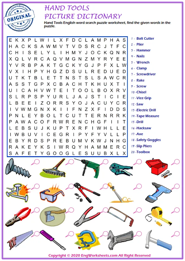 Hand Tools English word search puzzle worksheet, find the given words in the puzzle.